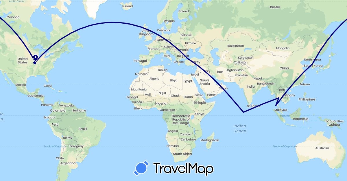TravelMap itinerary: driving in South Korea, Maldives, Thailand, Turkey, United States (Asia, North America)